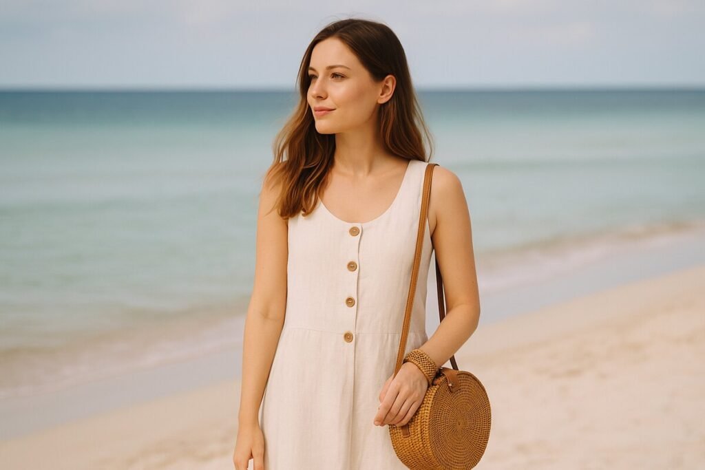 Seaside Chic Linen Dress and Woven Accessories
